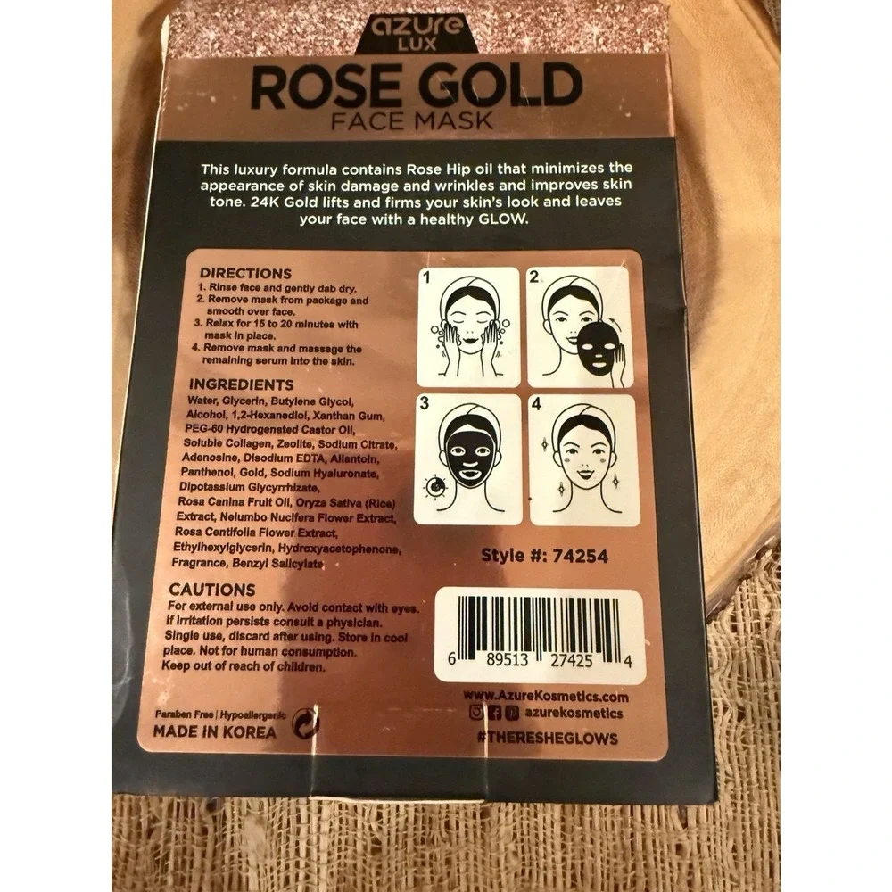 NIB Azure Kosmetics‎ Rose Gold Luxury Hydrating Treatment Face Mask 5 Pack